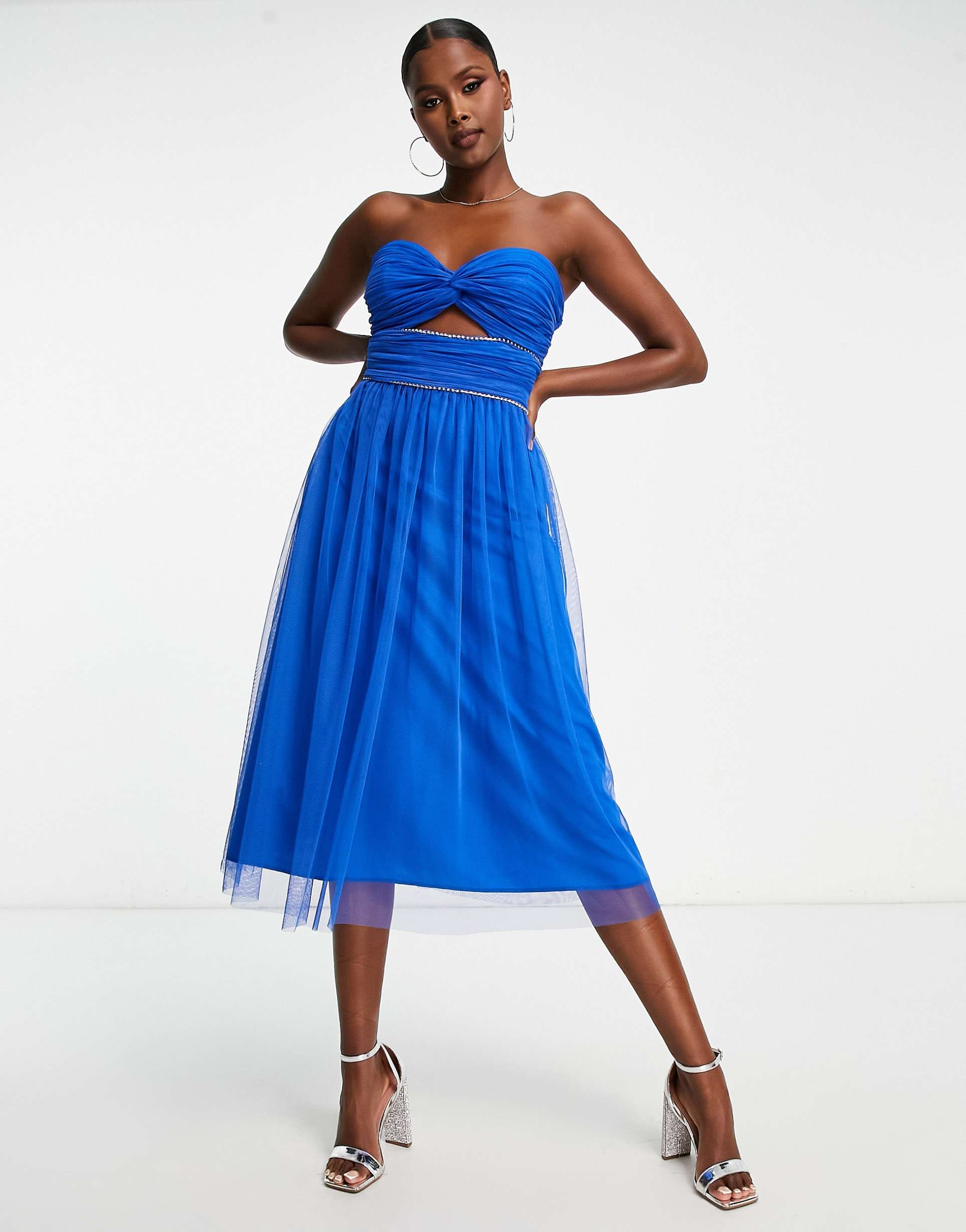 trendyol bandeau midi dress with cut out in blue