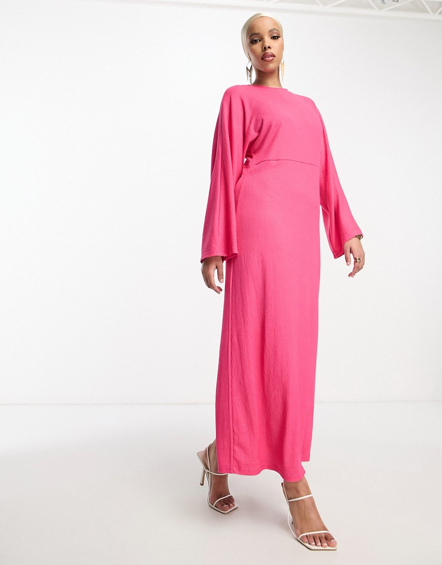 Trendyol Batwing Jersey Ribbed Maxi Dress In Hot Pink