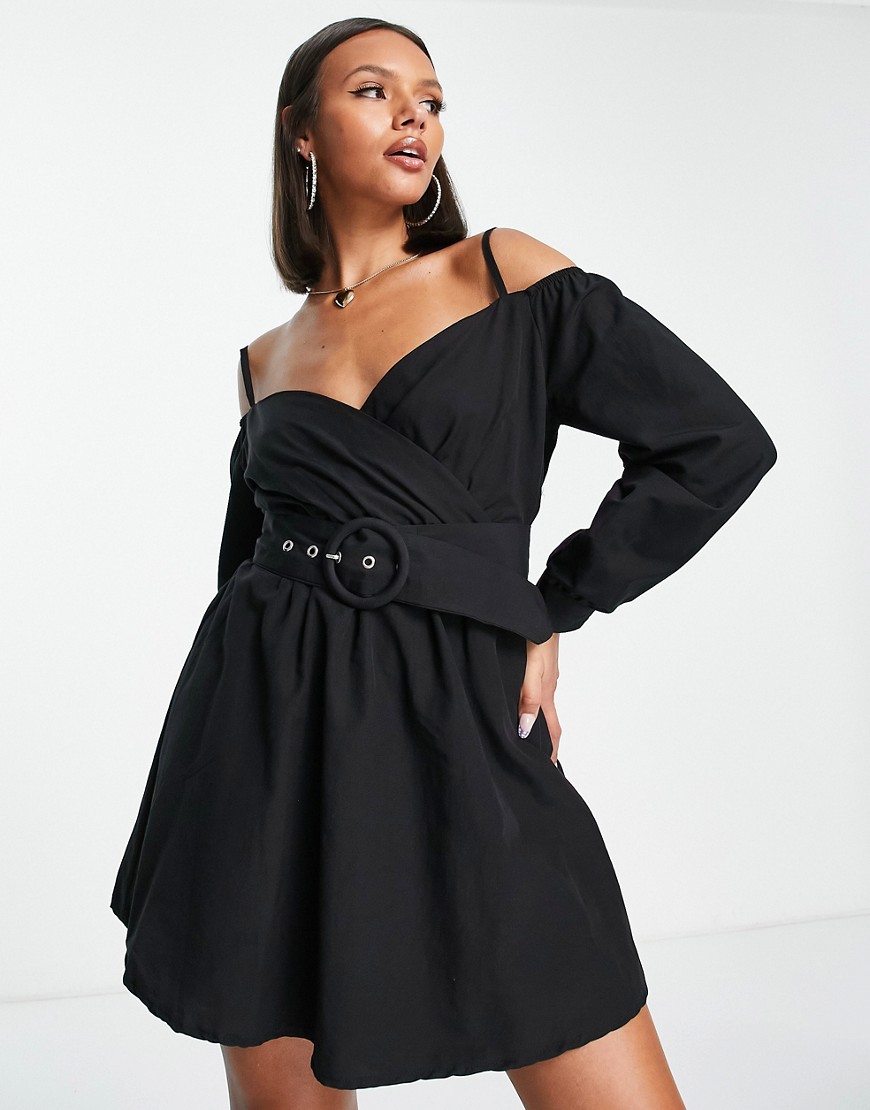 belted off-shoulder mini dress in black