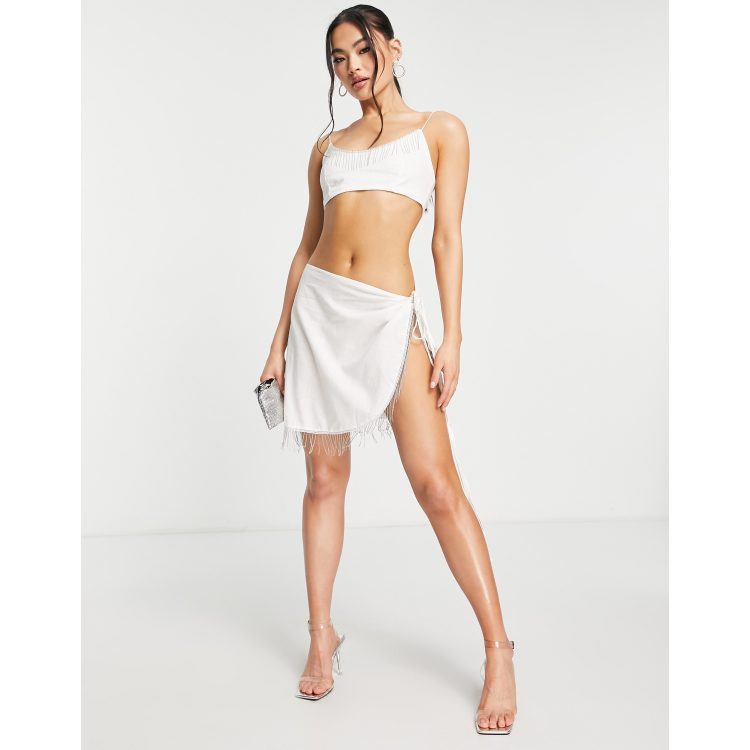 Trendyol cami crop top and wrap skirt set with fringing in white - part of  a set