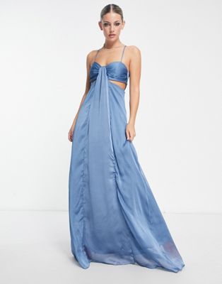 Trendyol Cami Maxi Dress With Cut Out In Blue Satin