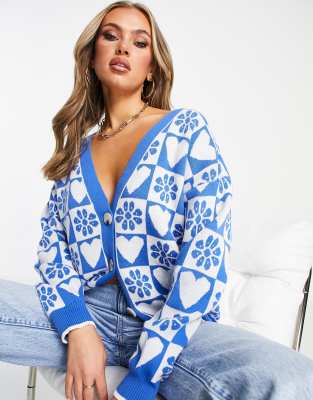 Trendyol - Cardigan blu con motivo a fiori e a cuori