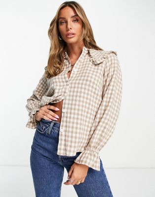 Chemises et blouses Trendyol - Chemise à carreaux avec grand col - Crème