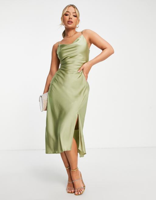 Trendyol cowl neck satin dress in moss green