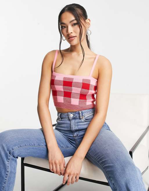 Trendyol - Crop top in maglia con spalline sottili, colore rosa e rosso a quadri