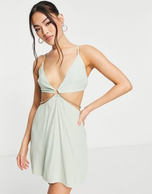 Trendyol cutout mini cami dress with chain detail in mint