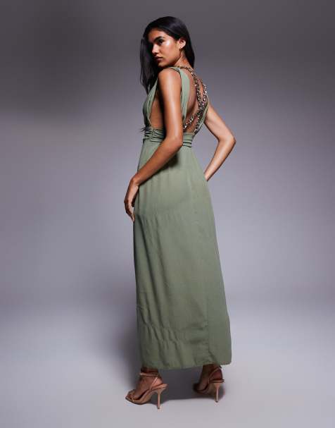 Trendyol dropped shoulders maxi dress in khaki green - view 1