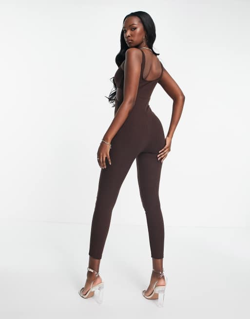 Trendyol fitted jumpsuit with cut outs in brown