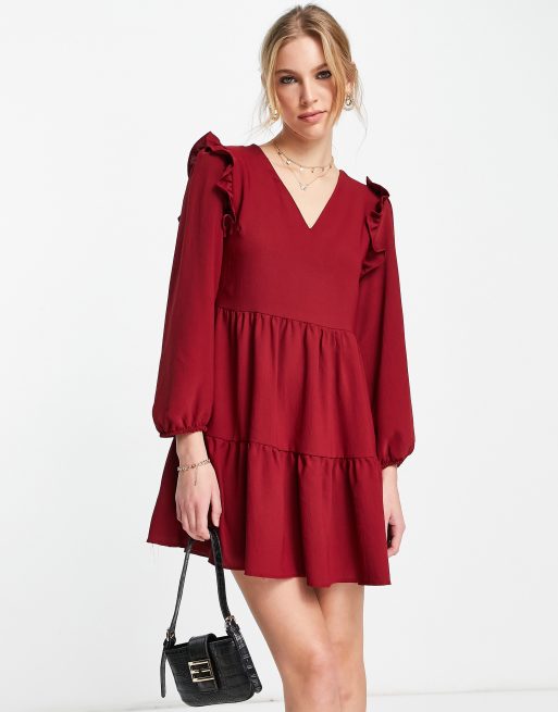 Trendyol frill shoulder long sleeve mini dress in red | ASOS