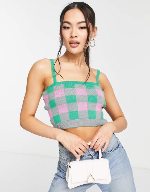 Trendyol - Gebreide cami crop top in roze en groen geruit