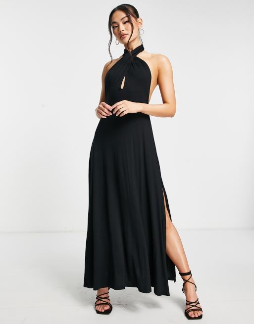 Black thigh split sales dress