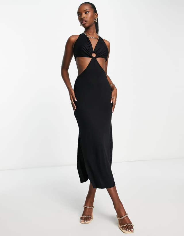 Trendyol halterneck midi dress with cut outs in black