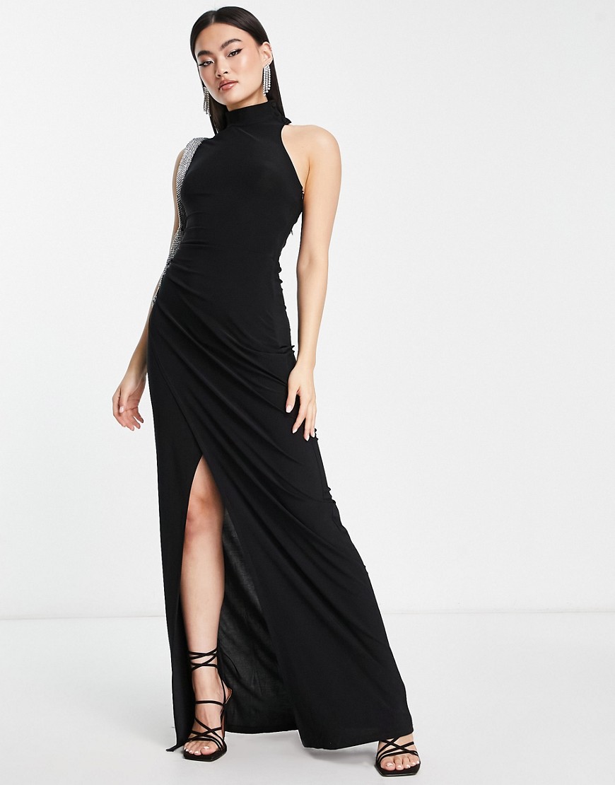 high neck sleeveless dress with split in black