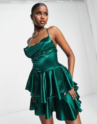 Trendyol high shine tiered mini dress in emerald