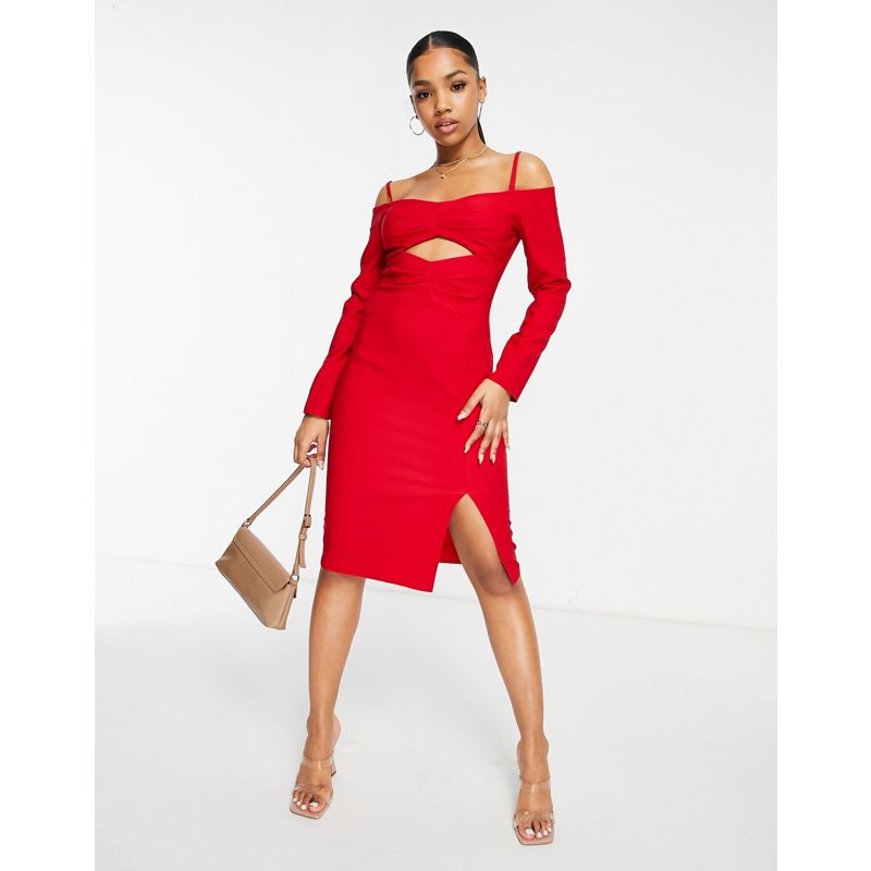 Trendyol – Langärmeliges, schulterfreies Kleid in Rot