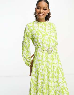 Trendyol Long Sleeve Belted Maxi Dress In Sage Floral-green