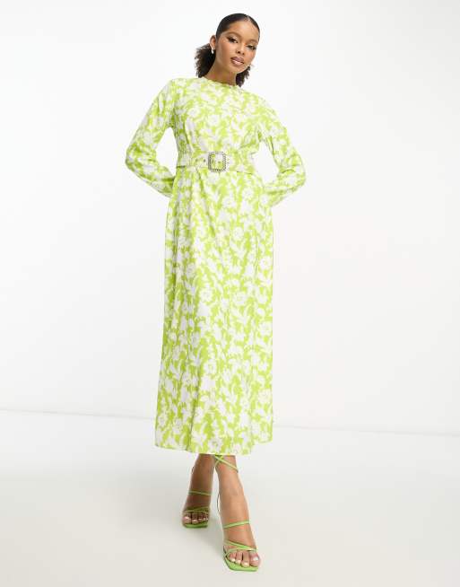 TRENDYOL long sleeve belted maxi dress in sage floral ASOS