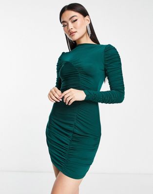 Trendyol long sleeve bodycon dress with asymmetric stitching in emerald green