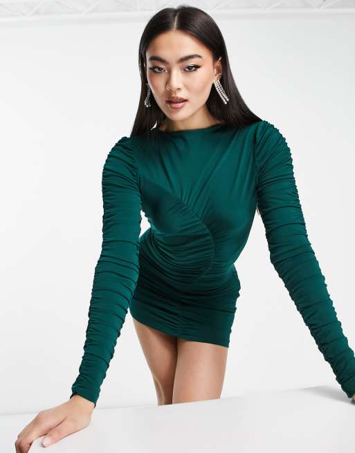 Green long best sale sleeve bodycon dress