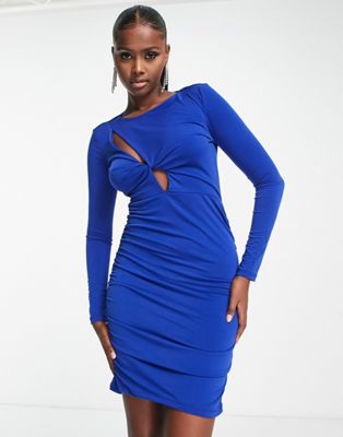 long sleeve bodycon mini dress with cut out in cobalt blue