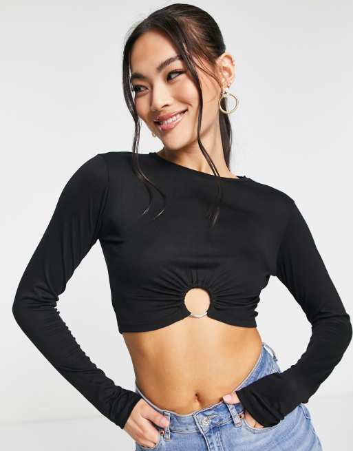 Cut Out Ring Detail Long Sleeve Crop Top Black –