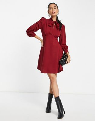 Trendyol long sleeve flare mini dress in red