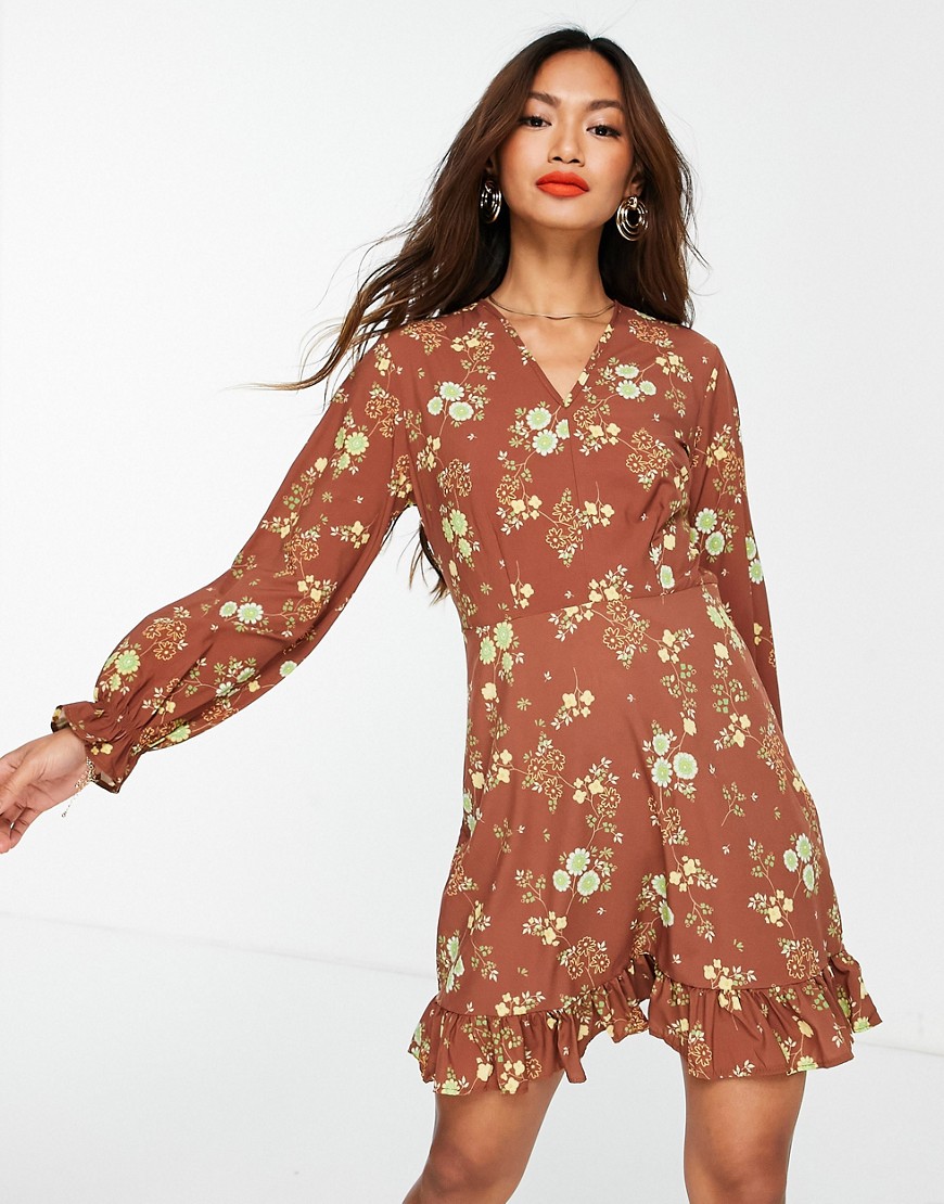 Trendyol long sleeve floral mini dress in brown