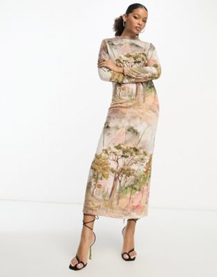 Trendyol long sleeve maxi dress in scenic print