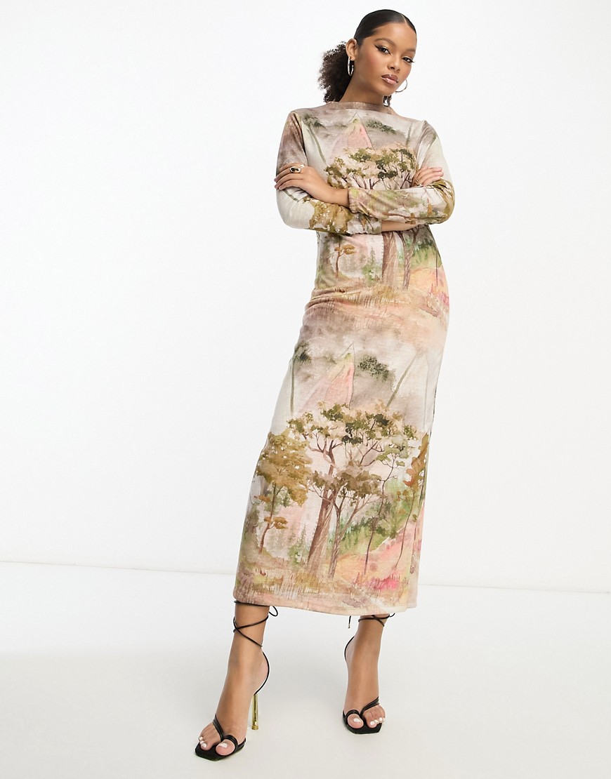 TRENDYOL long sleeve maxi dress in scenic print-Neutral