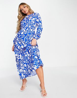 Trendyol long sleeve maxi dress with blue floral - ASOS Price Checker