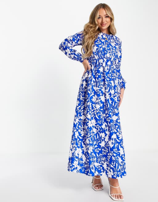 Blue floral long sleeve dress sale