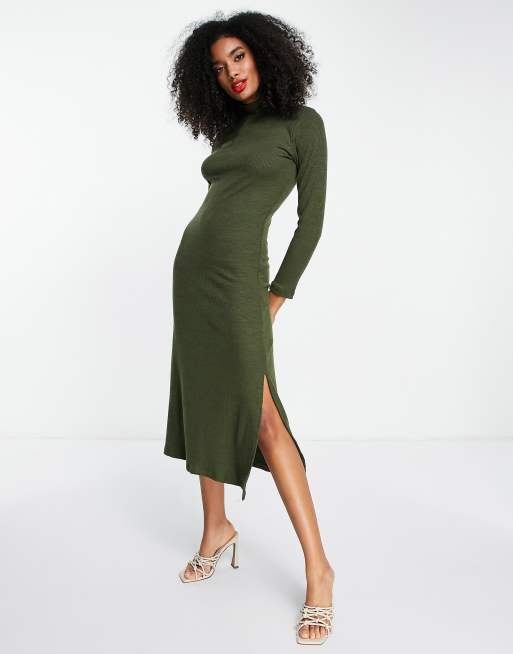 Long-sleeved midi dress - Khaki green - Ladies