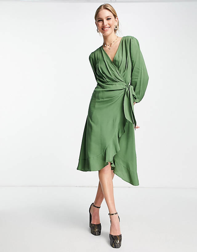 Trendyol long sleeve wrap dress in green