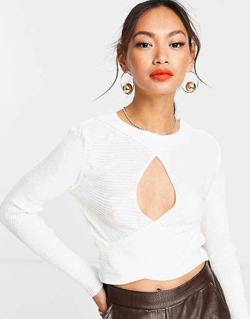  Trendyol long sleeve wrap front knitted top in white 
