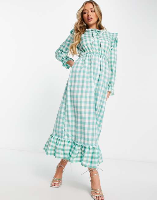 Trendyol – Maxi-Freizeitkleid in Minzgrün mit Rüschen und Vichy-Karomuster 