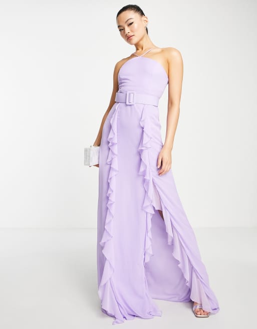 Trendyol - Maxi jurk met split, ruche en halternek in lila