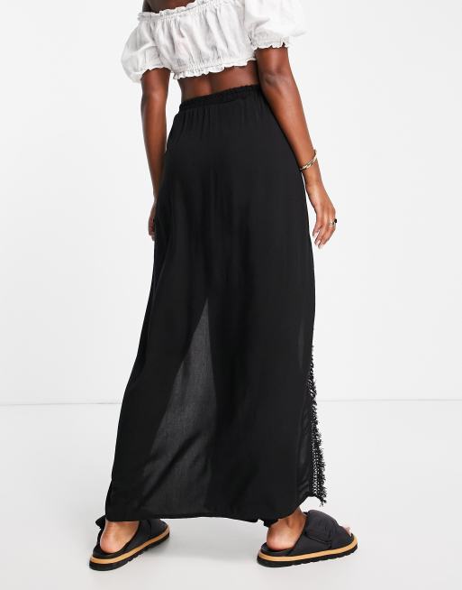 Tiered fringe maxi outlet skirt