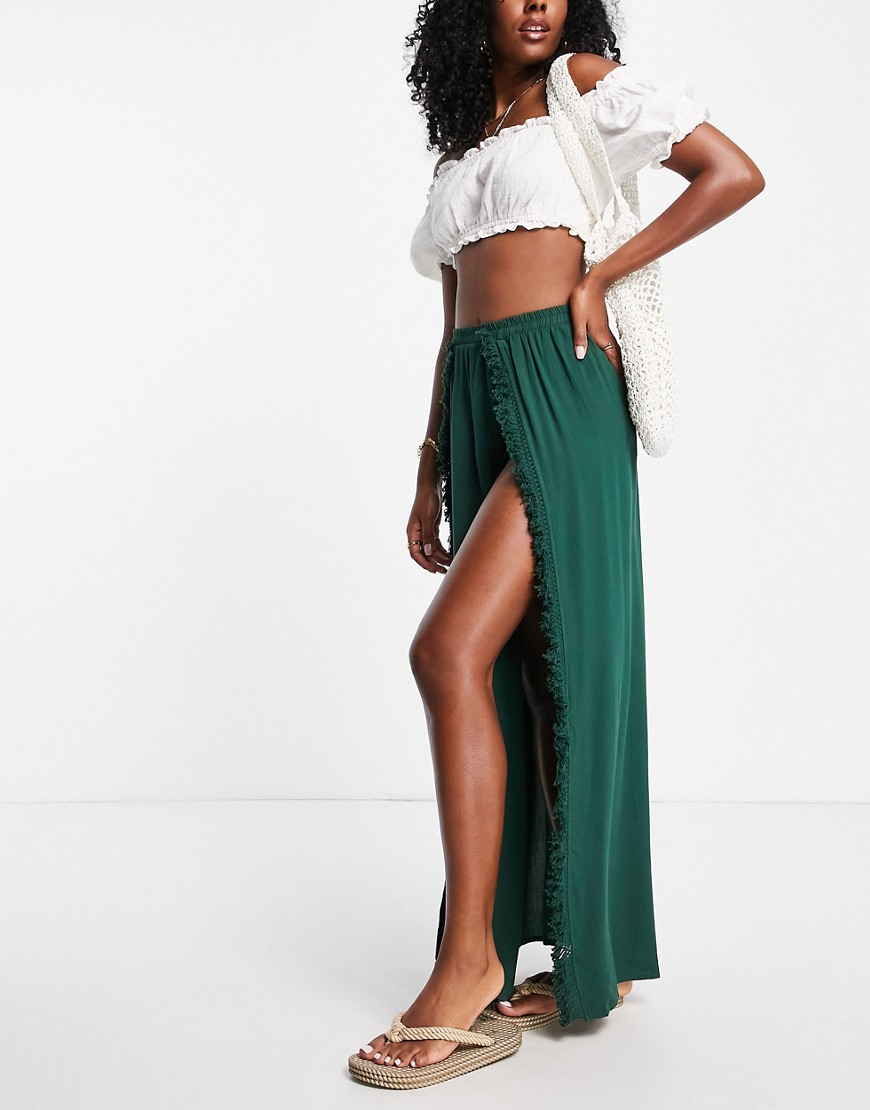 maxi skirt with fringe slit in khaki-Green