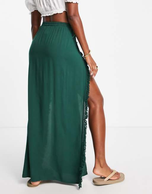 Trendyol maxi skirt with fringe split in khaki