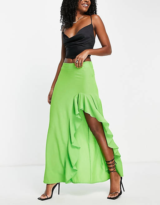 Trendyol maxi skirt with ruffle slit in lime green | ASOS