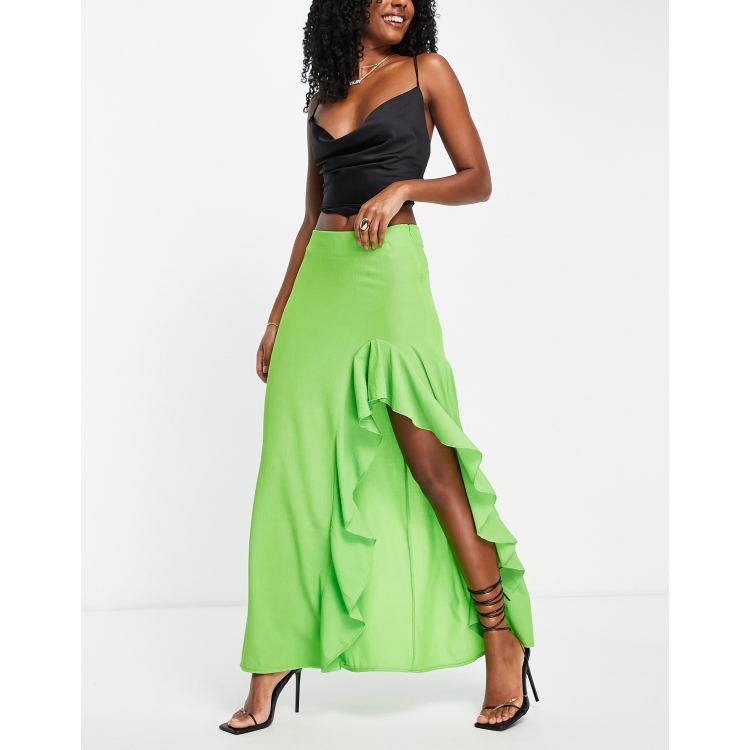 Trendyol maxi skirt with ruffle slit in lime green | ASOS