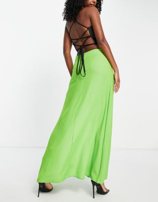 Trendyol maxi skirt with ruffle slit in lime green | ASOS