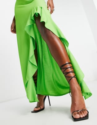 Trendyol maxi skirt with ruffle slit in lime green | ASOS