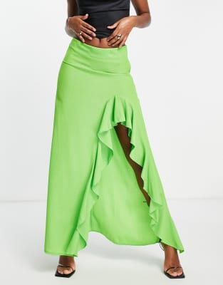 【MOISESNIETO】 GREEN FUR slit SKIRT Trendyol maxi skirt with ruffle slit in lime green | ASOS