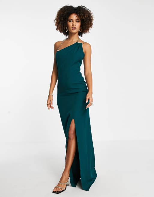 Trendyol – Maxikleid in Smaragdgrün mit One-Shoulder-Träger und Schlitz