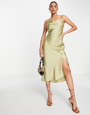 midi cami dress in sage satin-Green