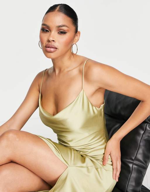trendyol satin dress Trendyol long sleeve side wrap maxi dress in olive satin