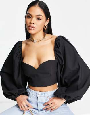 Trendyol milkmaid blouse with balloon sleeves in black