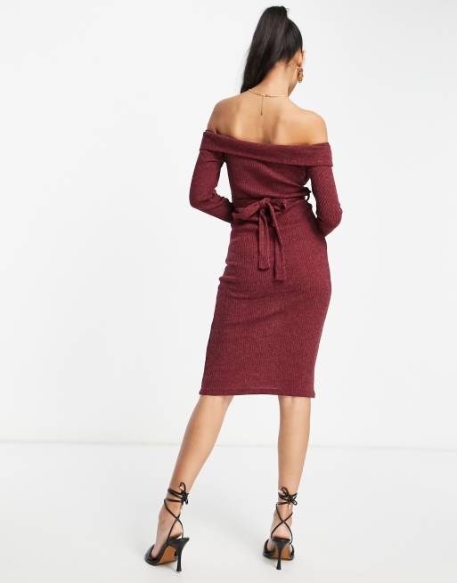 OFF SHOULDER SWEATER DRESS BURGUNDY