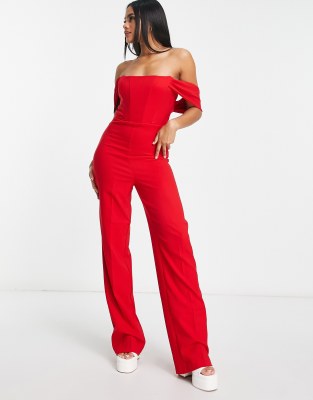 Trendyol off the shoulder corset jumpsuit in red, £44.50